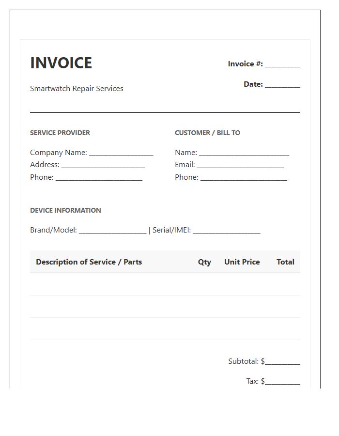 Smartwatch Repair Service Invoice Template