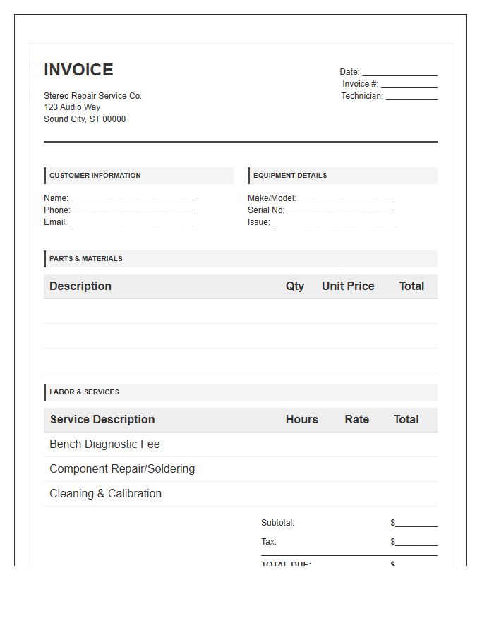 Stereo System Repair Service Invoice Template