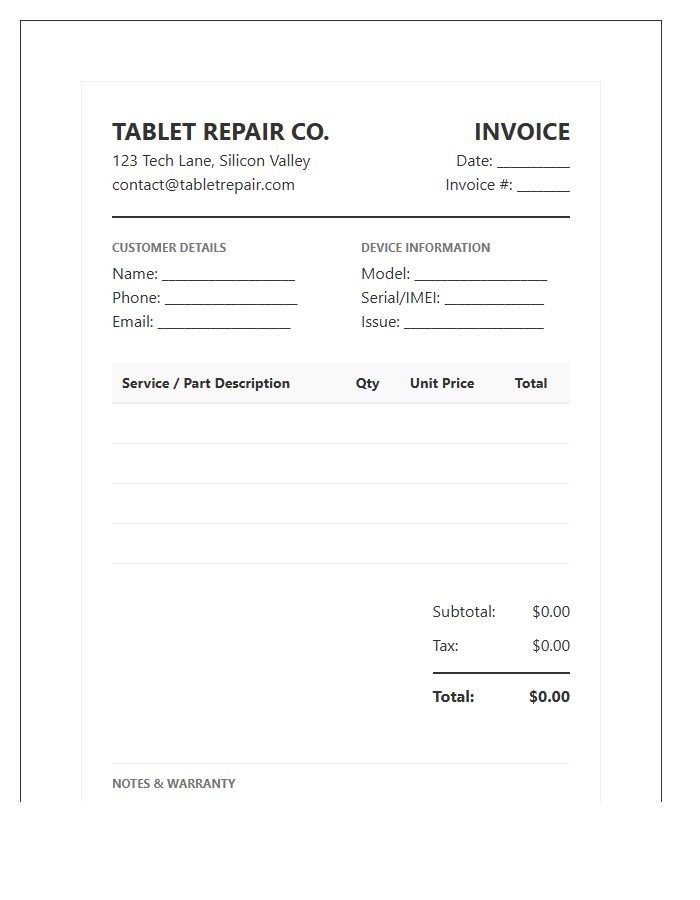 Tablet Repair Service Invoice Template