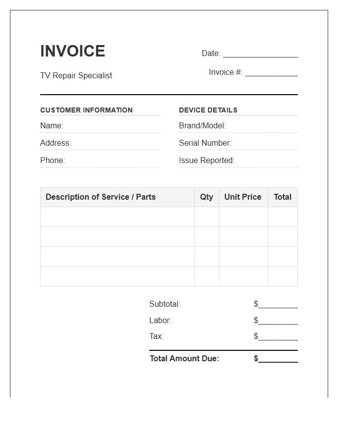 Television Repair Service Invoice Template