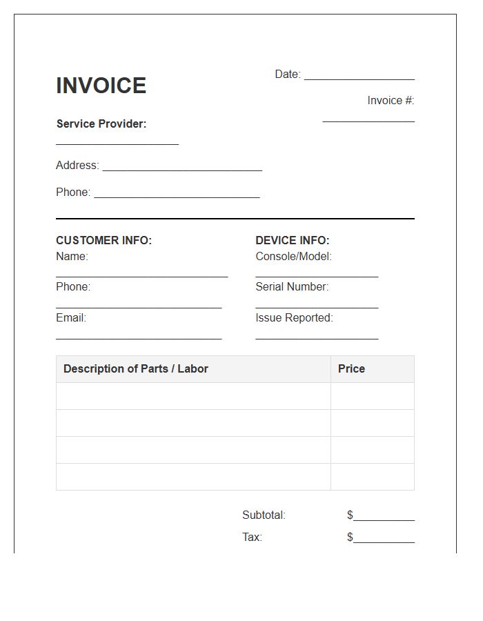 Video Game Repair Service Invoice Template