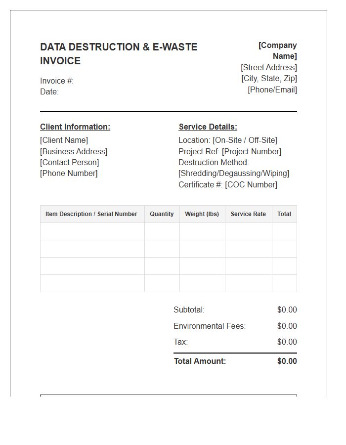 Certified Data Destruction And E-Waste Invoice Template