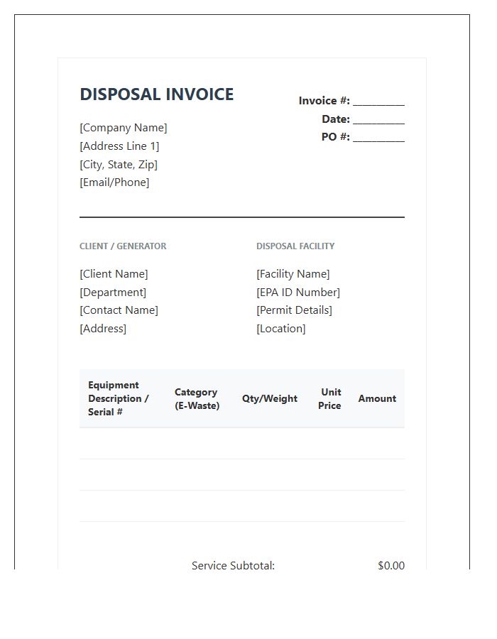 Professional Electronic Equipment Disposal Invoice Template