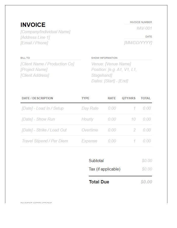 Audio Visual Technical Labor Invoice Template