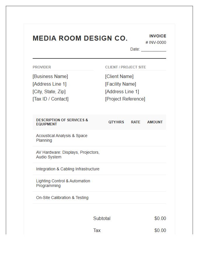 Commercial Media Room Design Invoice Template