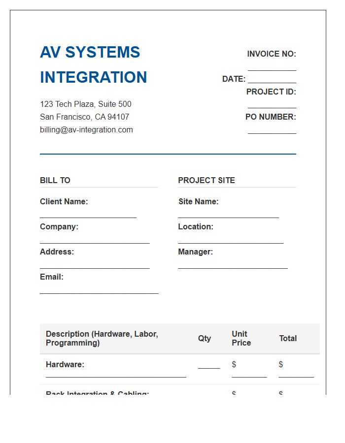 Corporate AV Integration Project Invoice Template