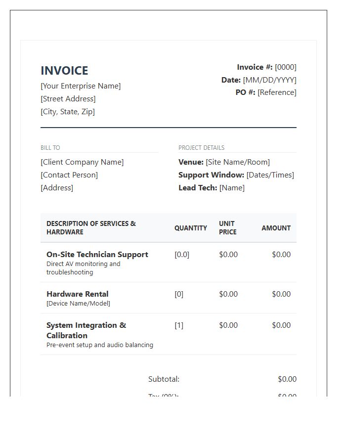 Enterprise Audio Visual Support Invoice Template