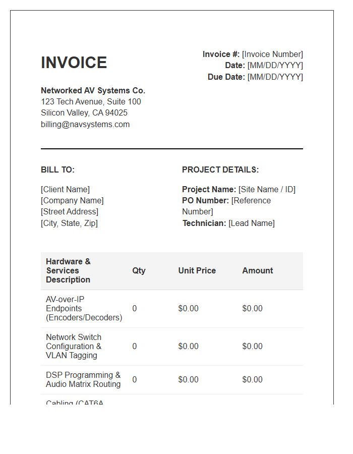 Networked Audio Visual Systems Invoice Template