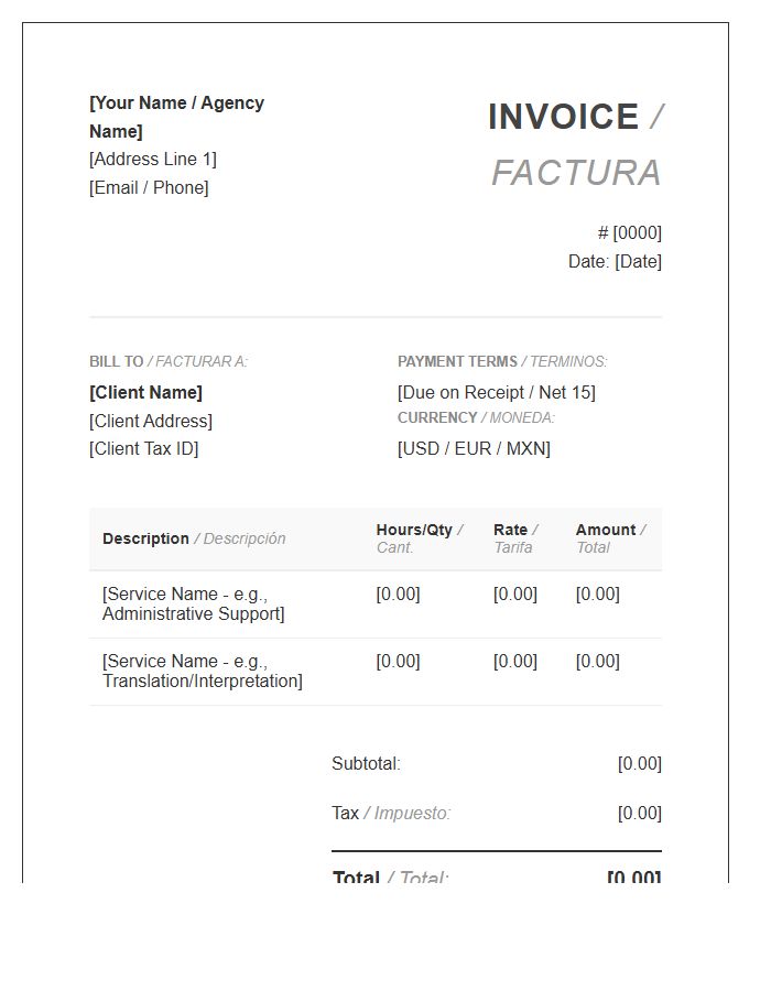 Bilingual Virtual Assistant Invoice Template