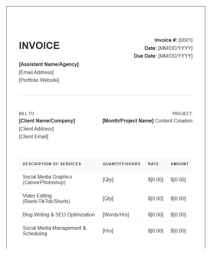 Content Creation Virtual Assistant Invoice Template