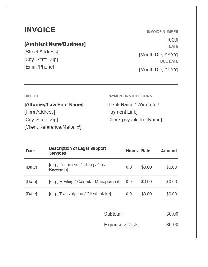Legal Virtual Assistant Service Invoice Template