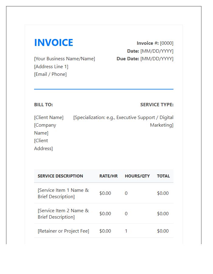 Specialized Virtual Assistant Service Invoice Template