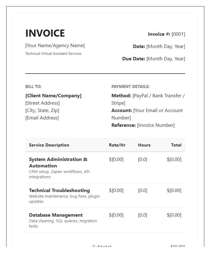 Technical Virtual Assistant Service Invoice Template