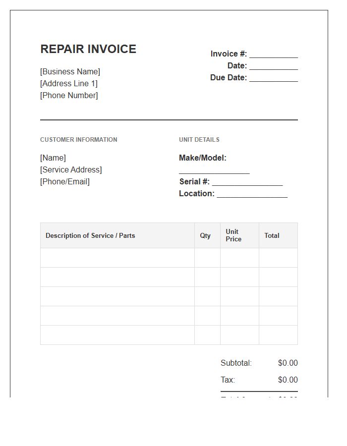 Air Conditioning Unit Repair Invoice Template