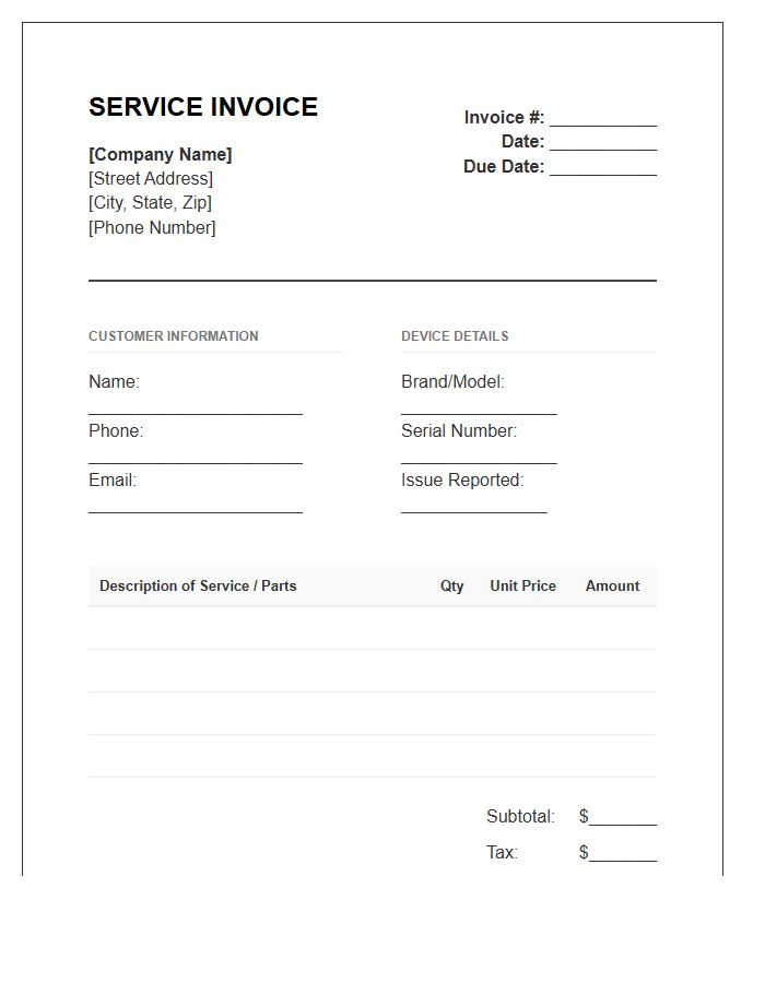 Consumer Electronic Service Invoice Template
