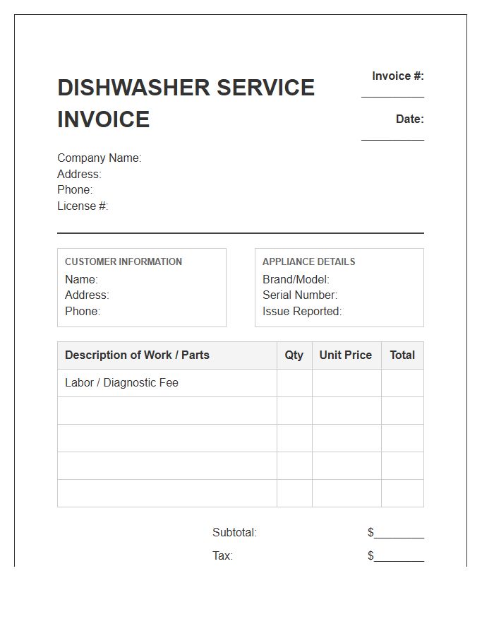 Dishwasher Service Repair Invoice Template