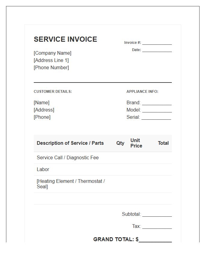 Electric Oven Service Invoice Template