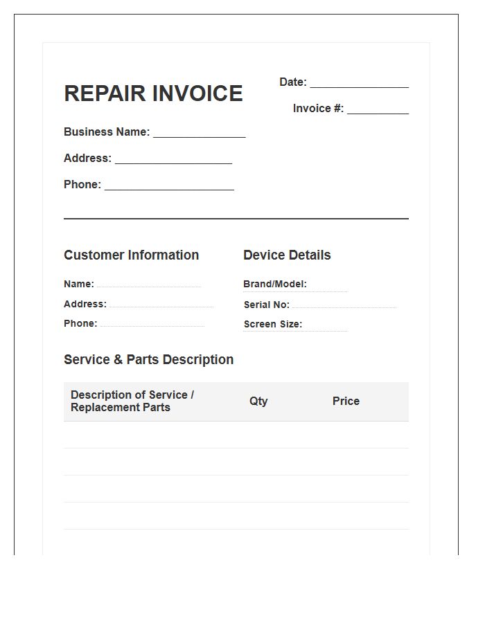 Electronic Television Repair Invoice Template