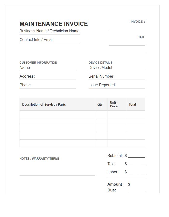 Household Electronic Maintenance Invoice Template