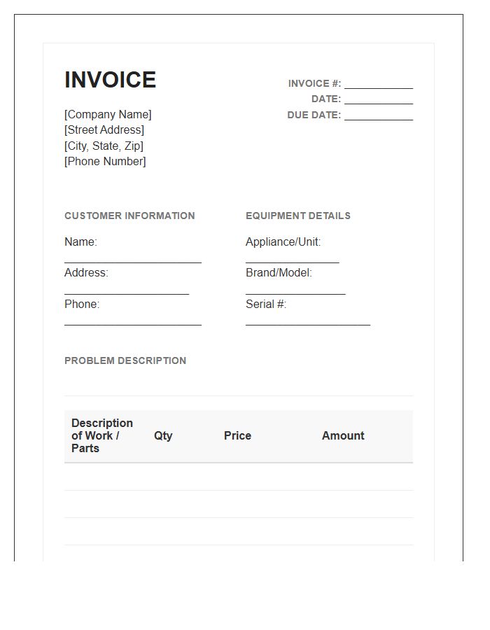 HVAC And Appliance Repair Invoice Template
