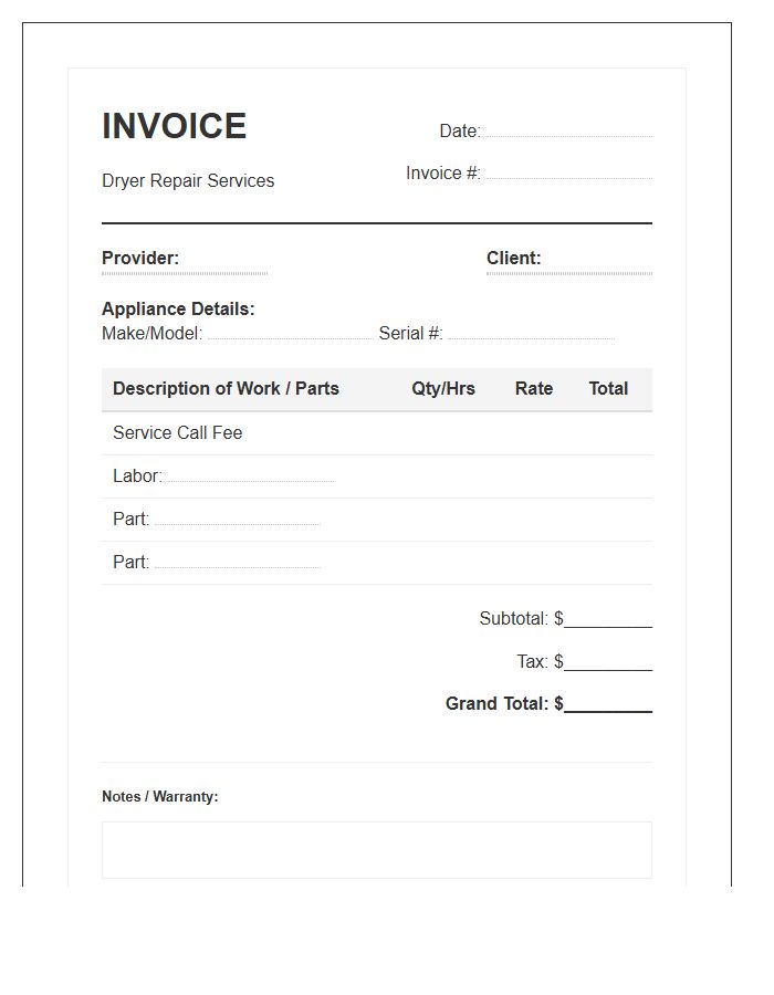Laundry Dryer Repair Invoice Template