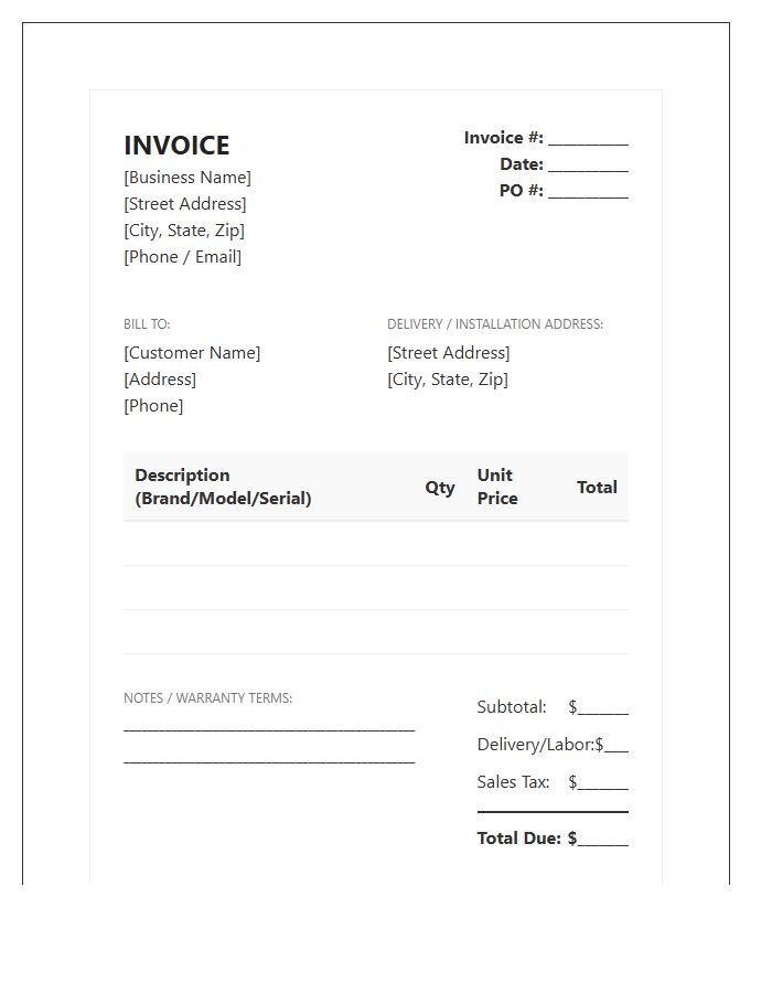 Major Home Appliance Invoice Template