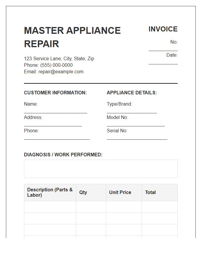 Master Appliance Repair Invoice Template