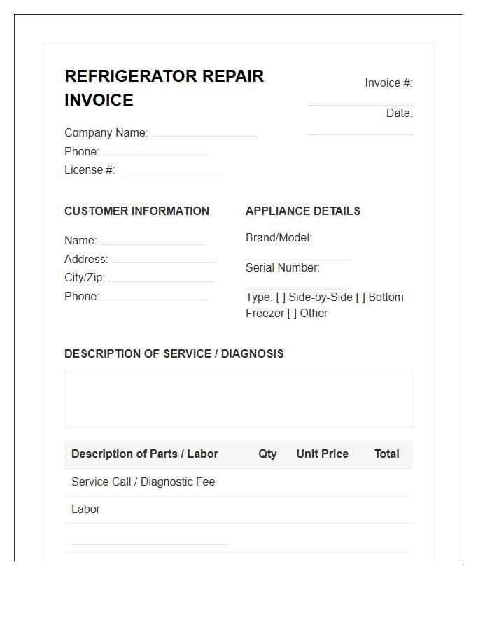 Residential Refrigerator Repair Invoice Template