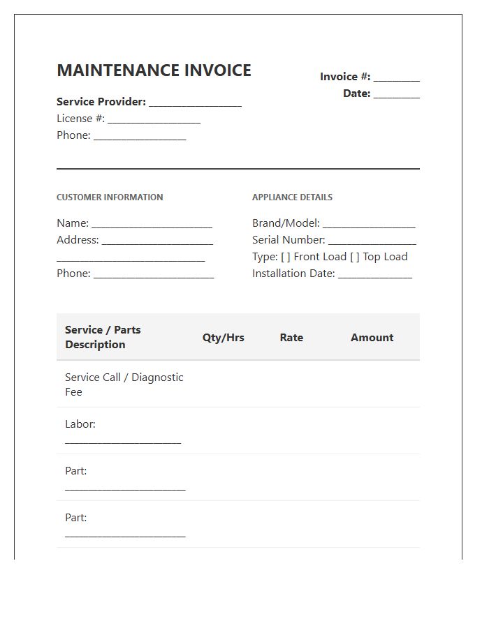 Washing Machine Maintenance Invoice Template