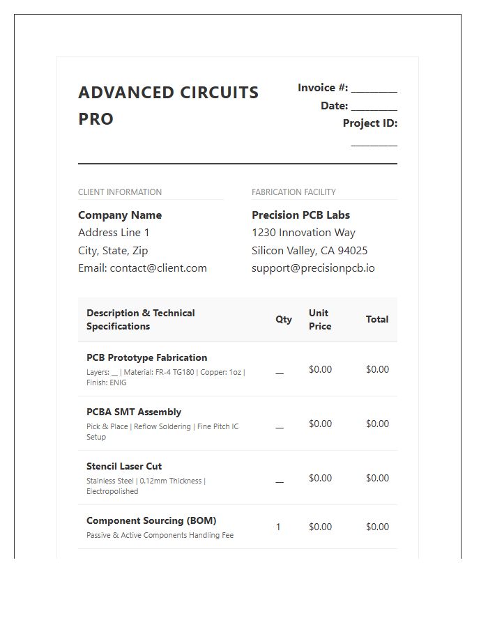 Advanced PCB Prototype Fabrication Invoice Template