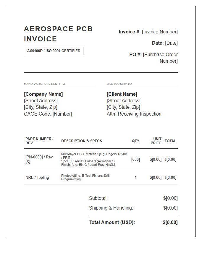 Aerospace Specification PCB Fabrication Invoice Template