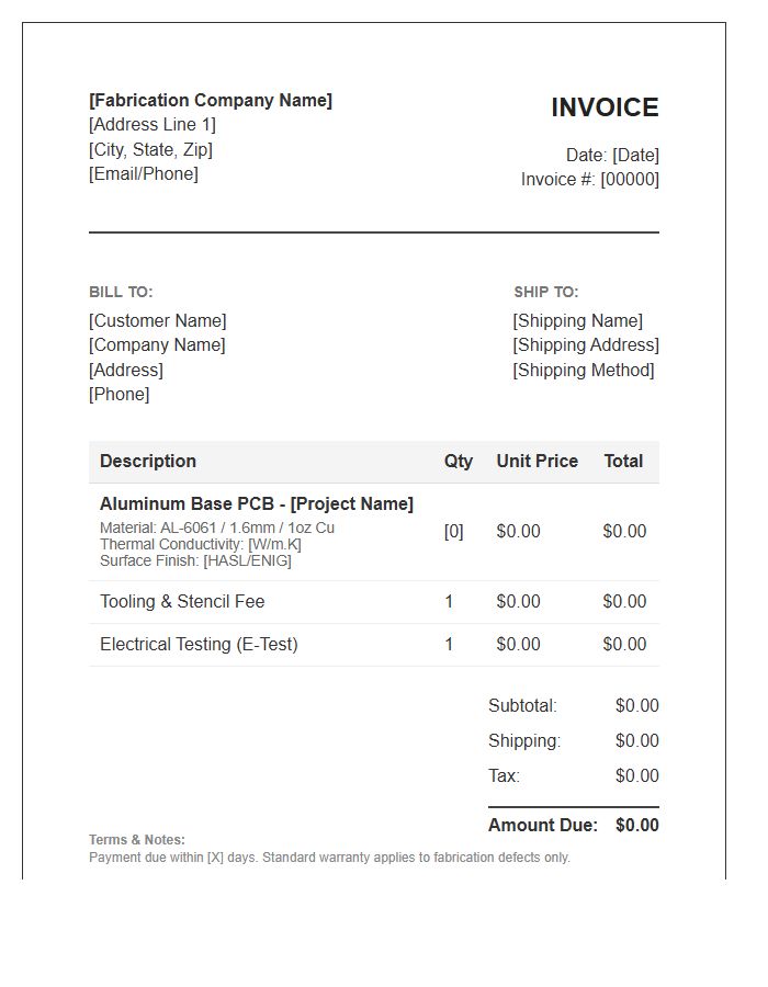 Aluminum Base PCB Fabrication Invoice Template