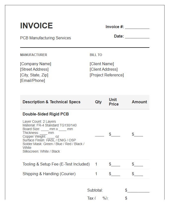 Double Sided PCB Manufacturing Invoice Template