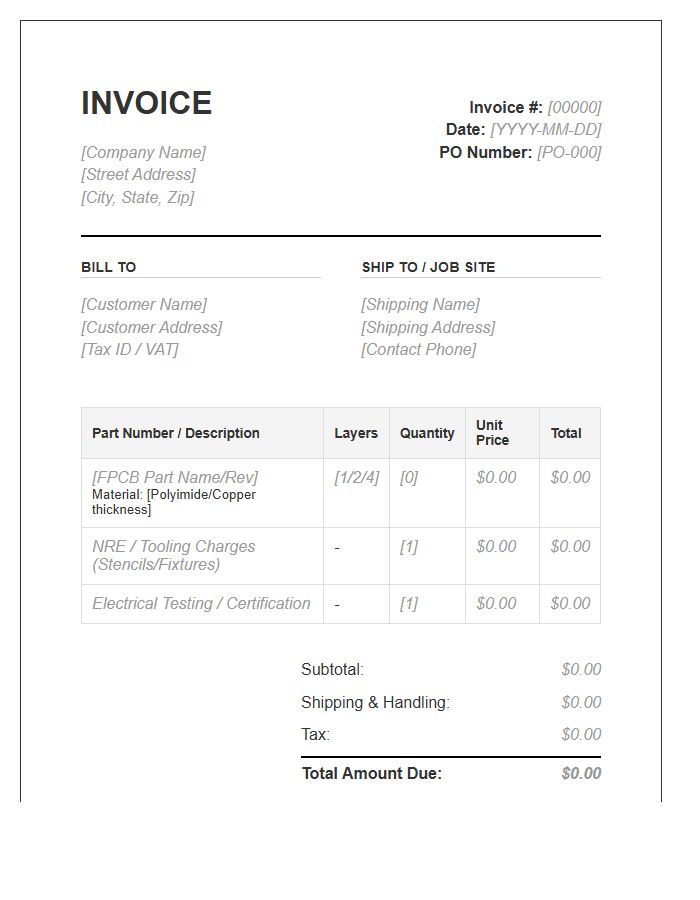 Flexible Printed Circuit Board Manufacturing Invoice Template