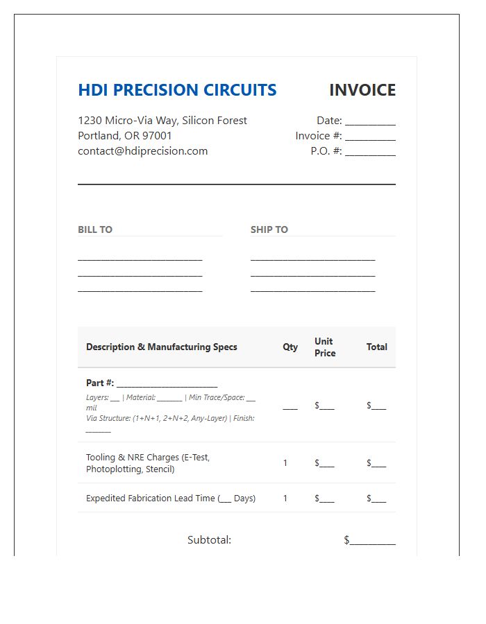 High Density Interconnect PCB Manufacturing Invoice Template
