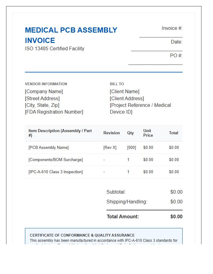 Medical Grade PCB Assembly Invoice Template