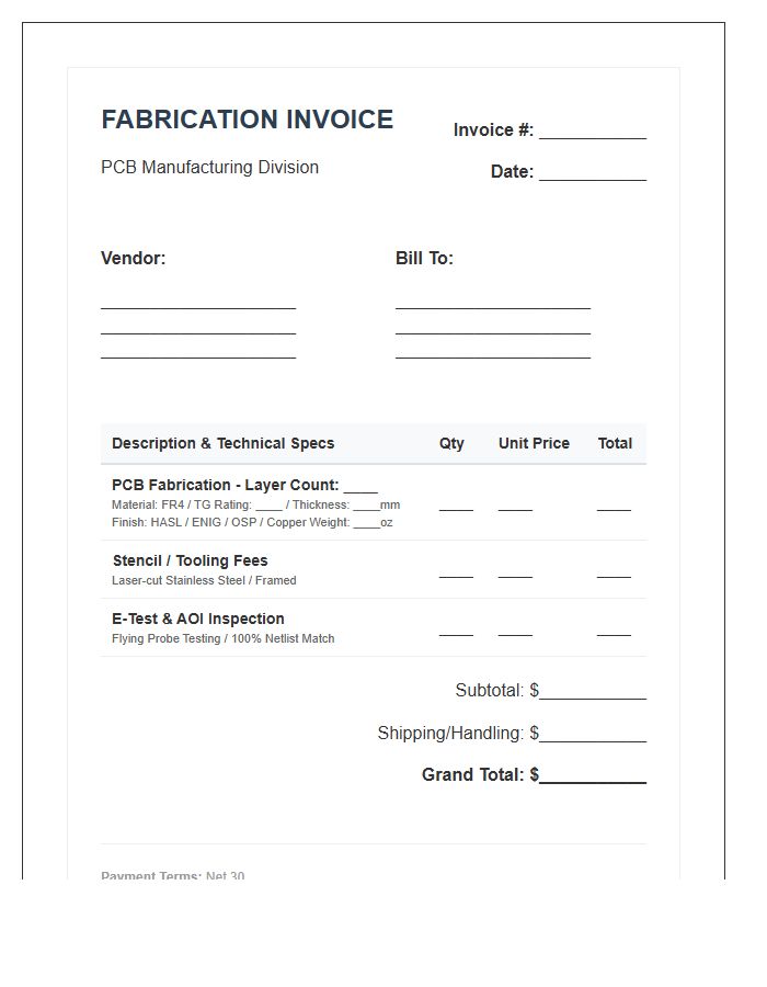 Multi-Layer PCB Fabrication Service Invoice Template