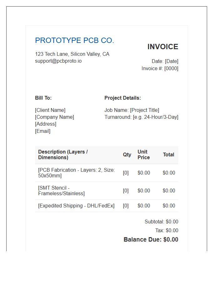 Quick Turn Prototype PCB Invoice Template
