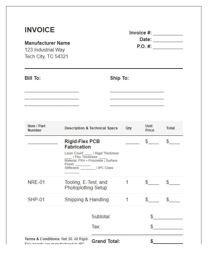 Rigid-Flex Printed Circuit Board Manufacturing Invoice Template