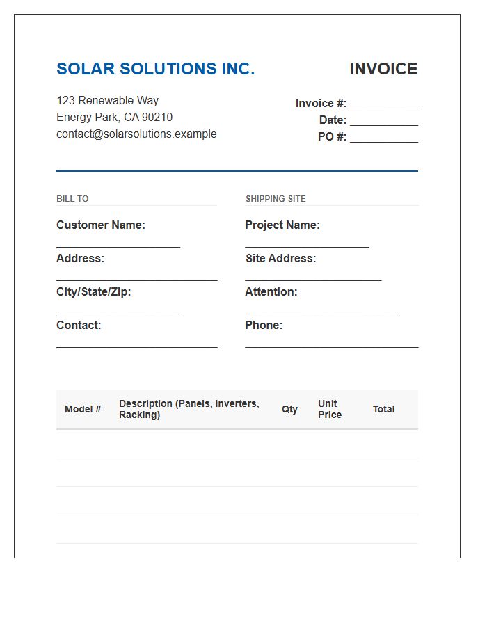 Commercial Solar Power Equipment Invoice Template