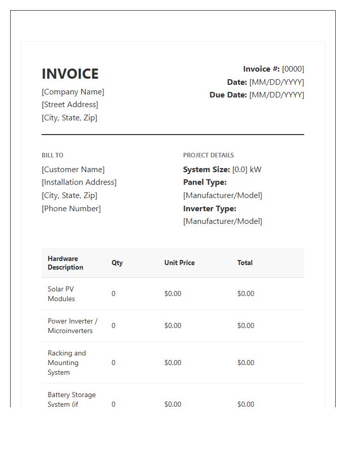Residential Solar Hardware Invoice Template