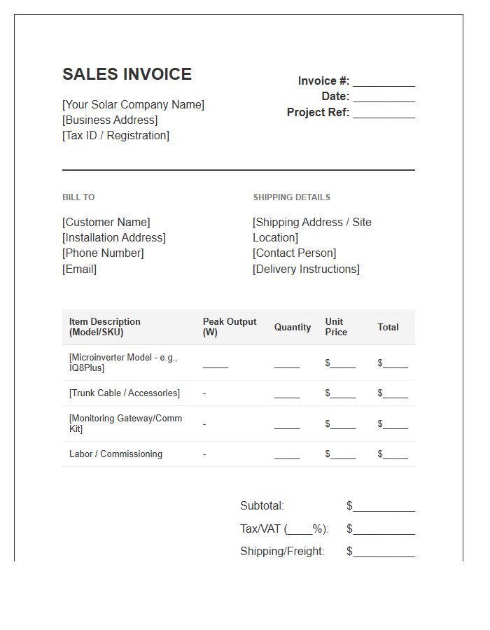 Solar Microinverter Sales Invoice Template