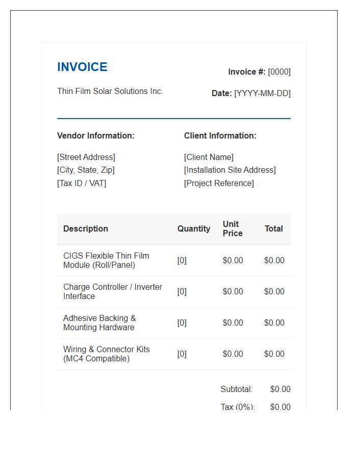 Thin Film Solar Hardware Invoice Template