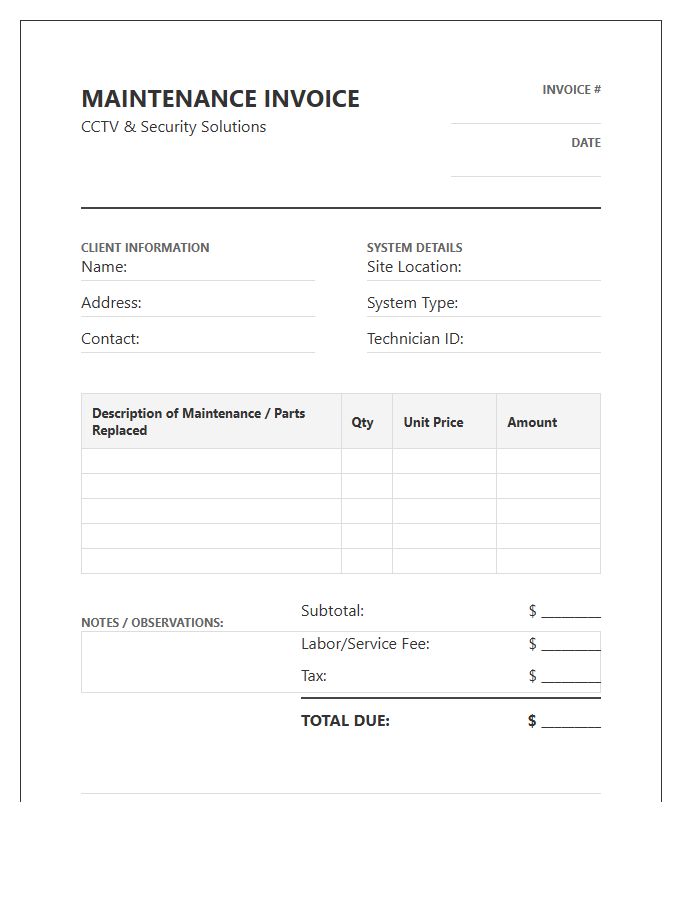 CCTV Security System Electronic Maintenance Invoice Template