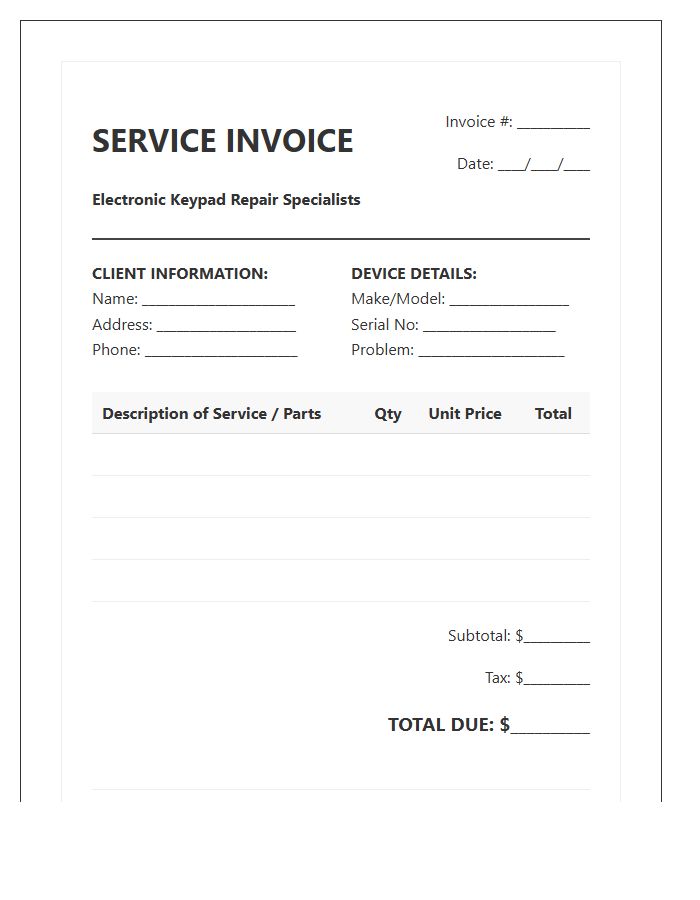 Electronic Keypad Repair Service Invoice Template