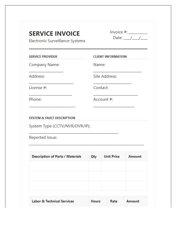 Electronic Surveillance System Repair Invoice Template
