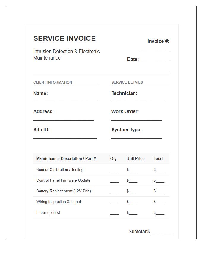 Intrusion Detection Electronic Maintenance Invoice Template