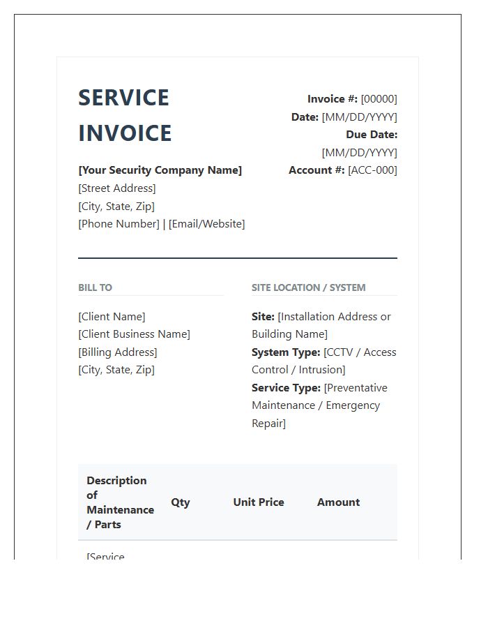 Professional Electronic Security Maintenance Invoice Template