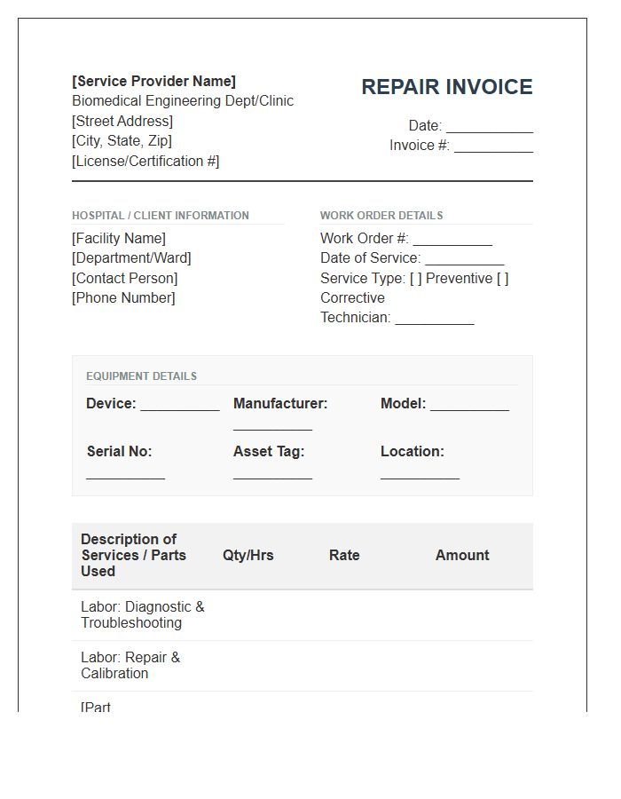 Biomedical Engineering Equipment Repair Invoice Template