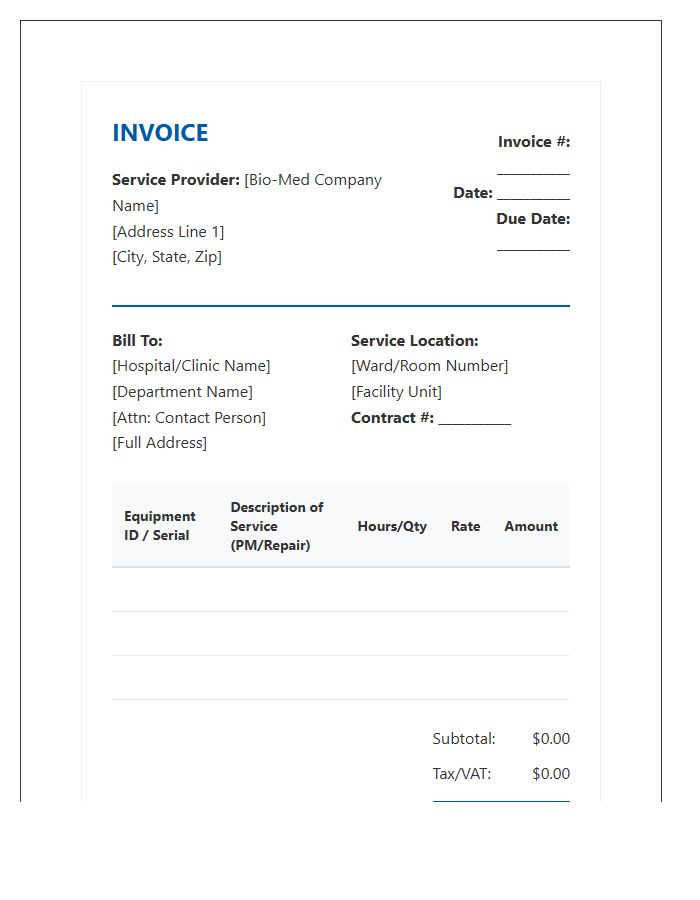 Hospital Equipment Maintenance Billing Invoice Template